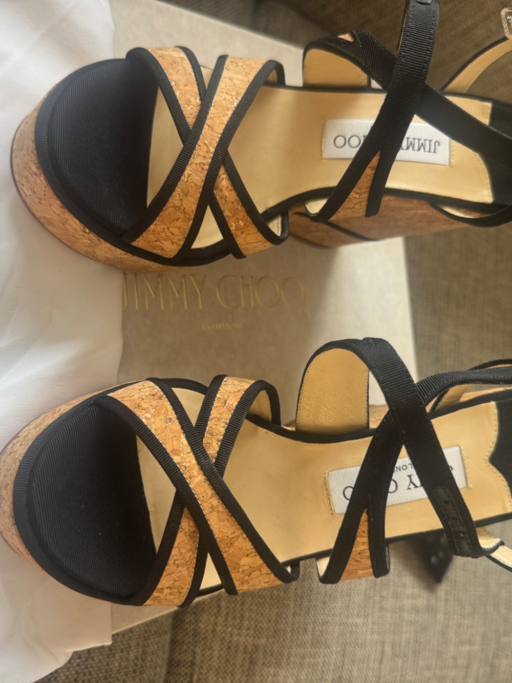 Jimmy Choo Black and Cork Crisscross Wedge Sandals